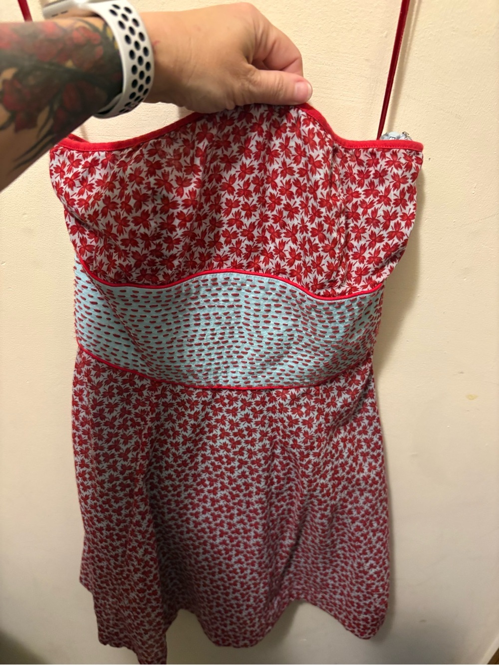 Free People Red/Blue Ditsy Floral Leaf Sash Tube Strapless Dress, Size 4 - Picture 6 of 7